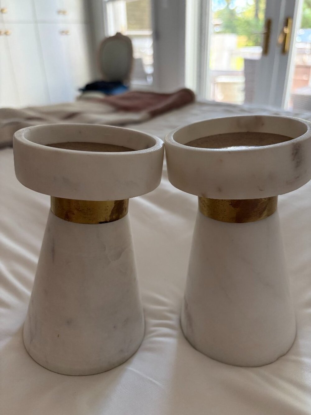 Pair of Zodax Mannara Marble Pillar Candle Holders 6"